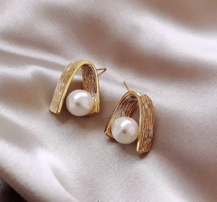 V Shape Gold Plated Pearl Studs 