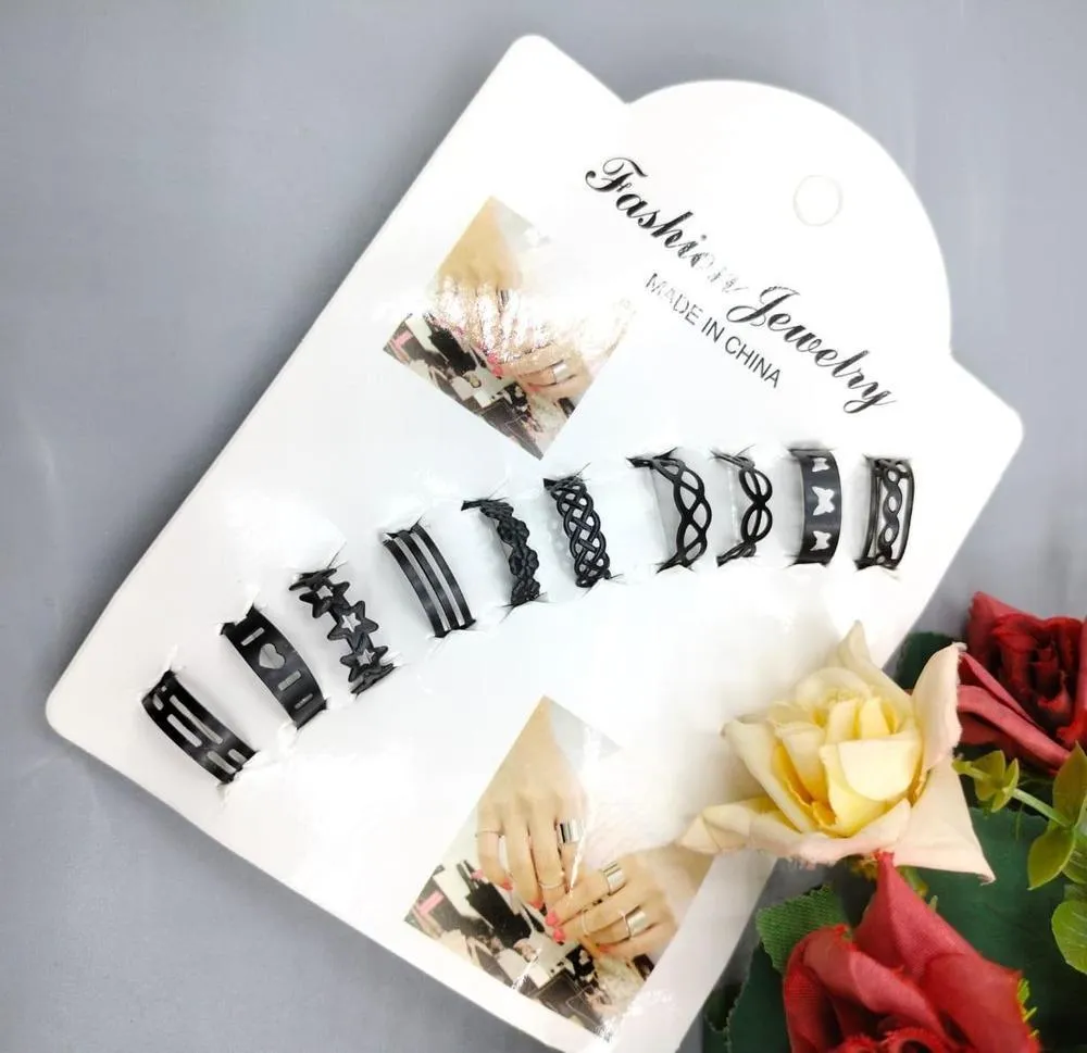 10Pcs Adjustable Fashion Rings Set Black Gold Silver Unisex view 5