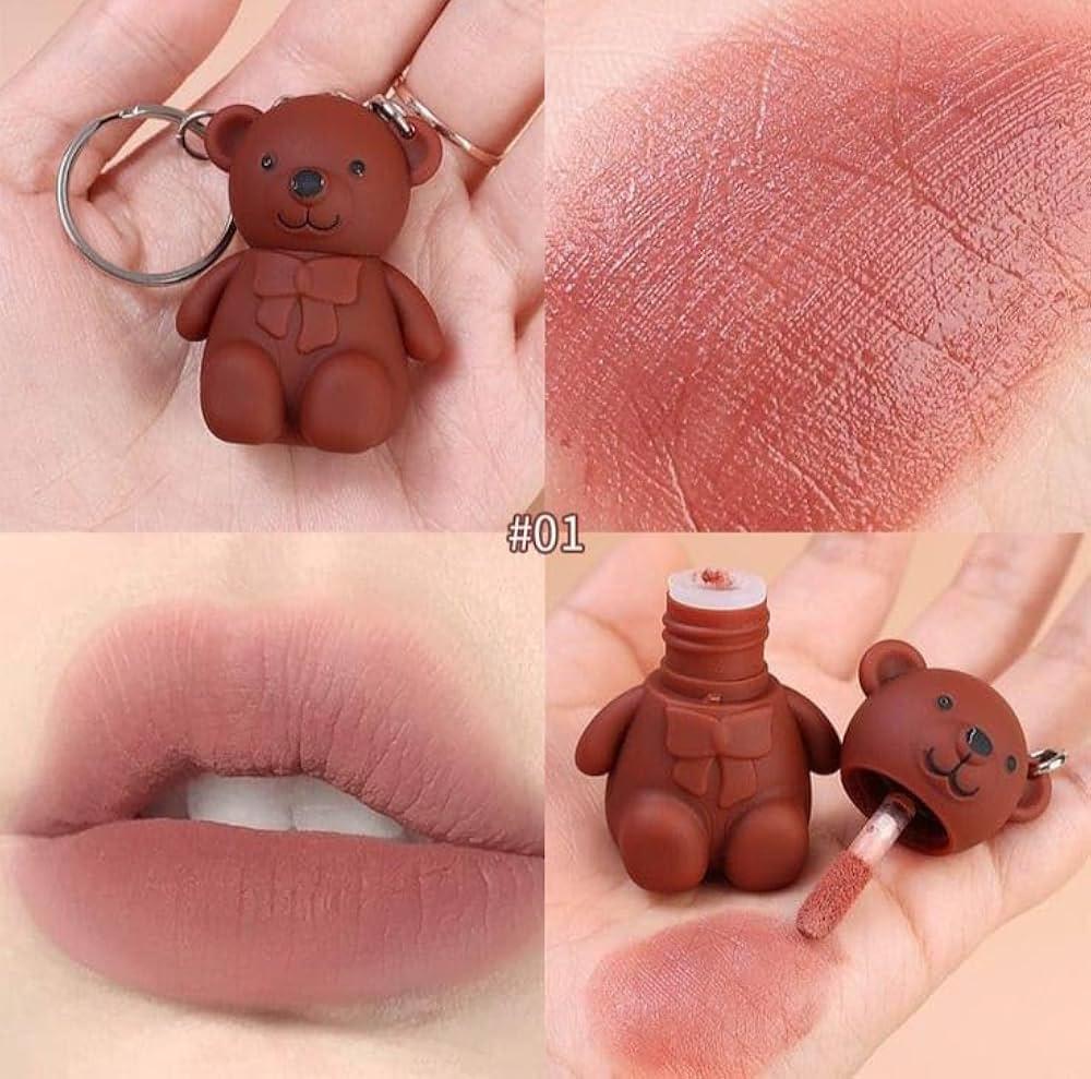 2 Pcs Teddy Bear Keychain Style Velvety Lip-gloss