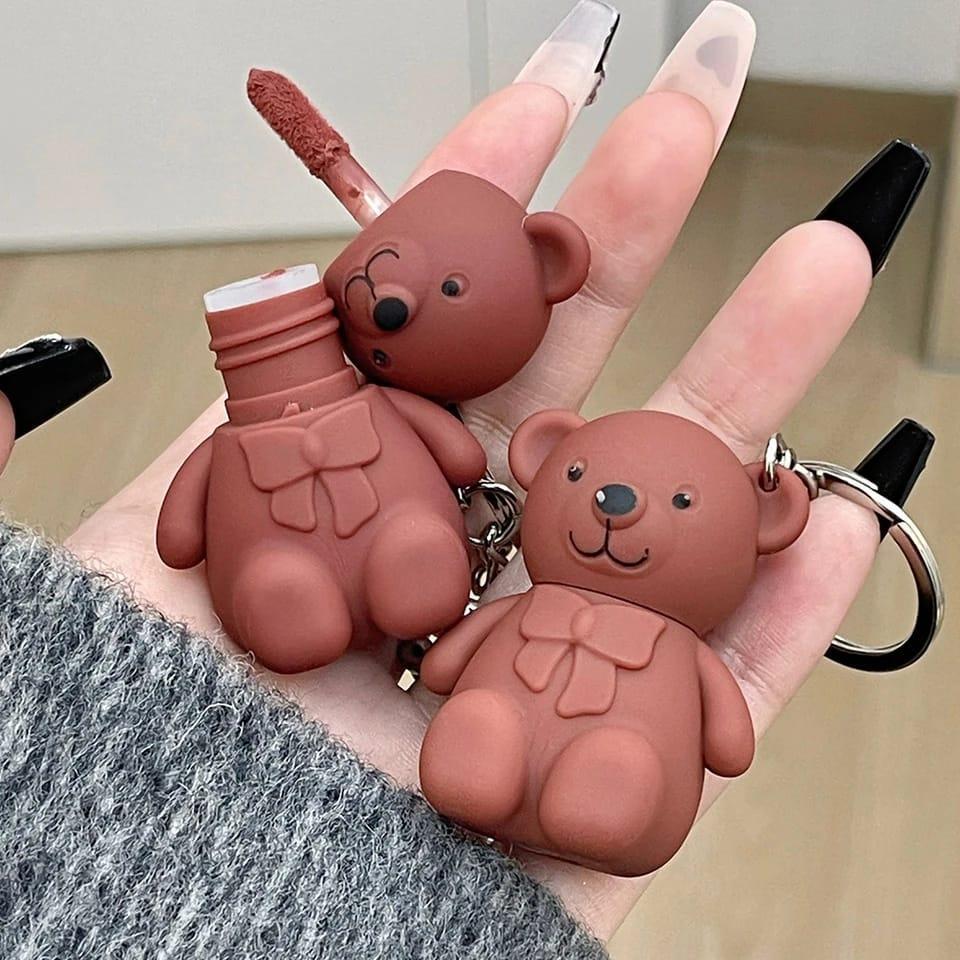 3 Pcs Teddy Bear Keychain Style Velvety Texture Lip Gloss 