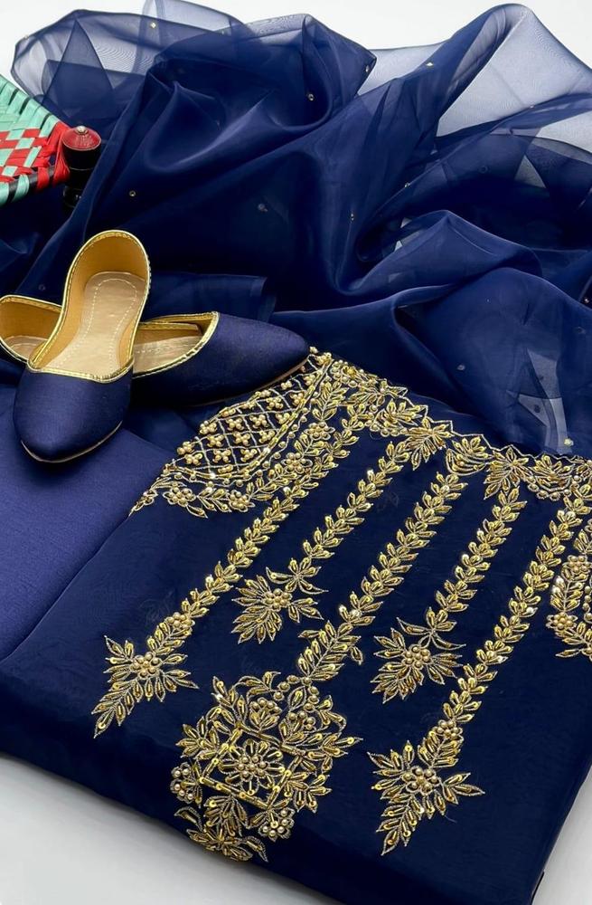 4 Pcs Women's Unstitched Fancy Organza Embroidered Suit