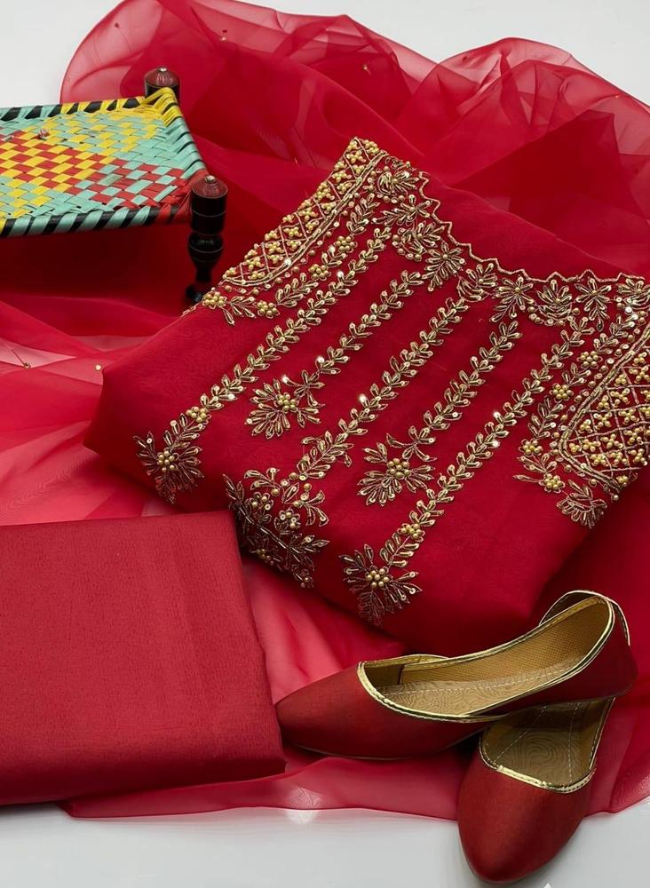 4 Pcs Women's Unstitched Fancy Organza Embroidered Suit