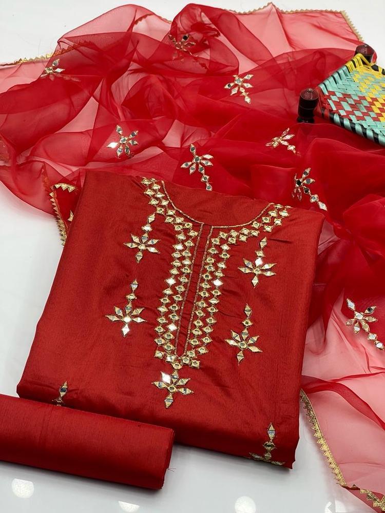 3 Pcs Women's Unstitched Fancy Katan Silk Embroidered Suit