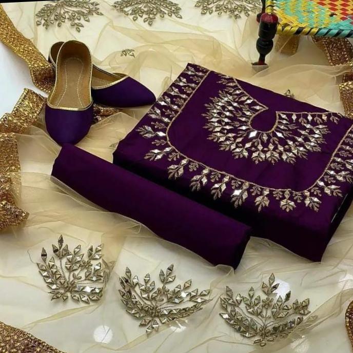 3 Pcs Women's Unstitched Fancy Katan Silk Embroidered Suit