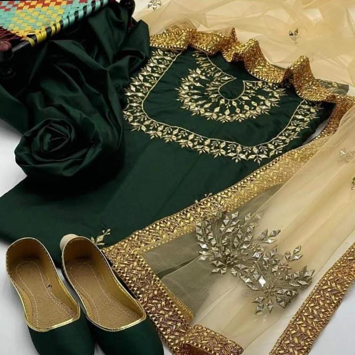 3 Pcs Women's Unstitched Fancy Katan Silk Embroidered Suit