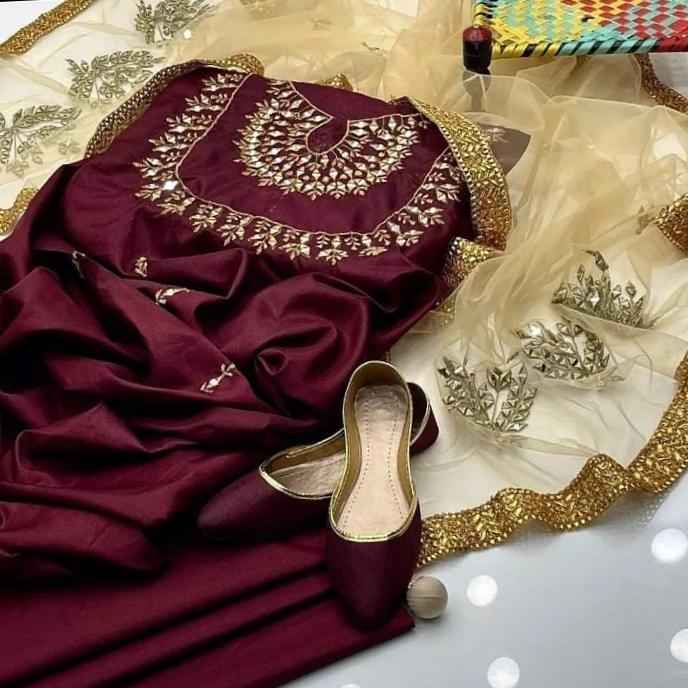 3 Pcs Women's Unstitched Fancy Katan Silk Embroidered Suit