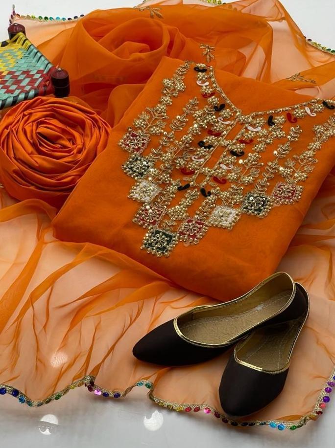 3 Pcs Women's Unstitched Fancy Organza Embroidered Suit