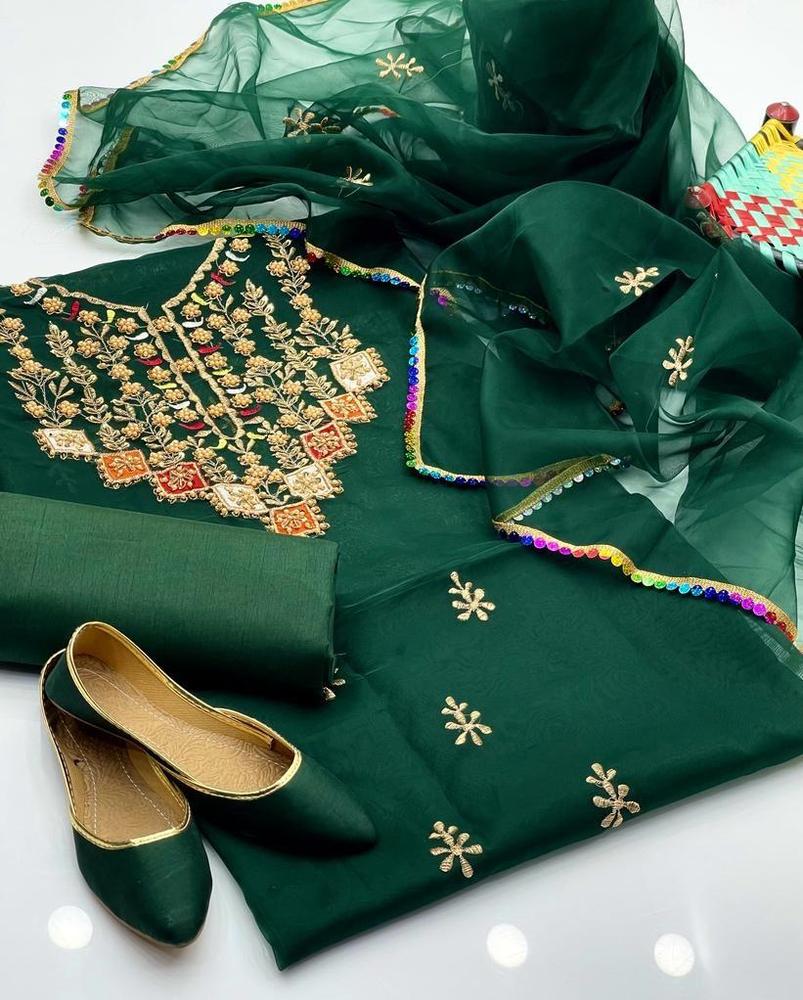 3 Pcs Women's Unstitched Fancy Organza Embroidered Suit