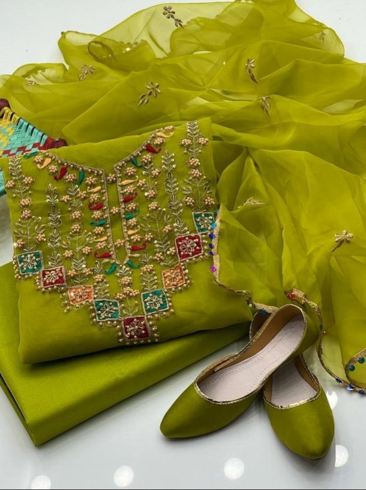 3 Pcs Women's Unstitched Fancy Organza Embroidered Suit