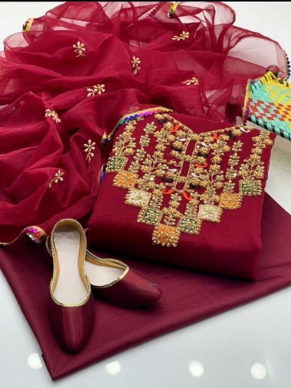 3 Pcs Women's Unstitched Fancy Organza Embroidered Suit