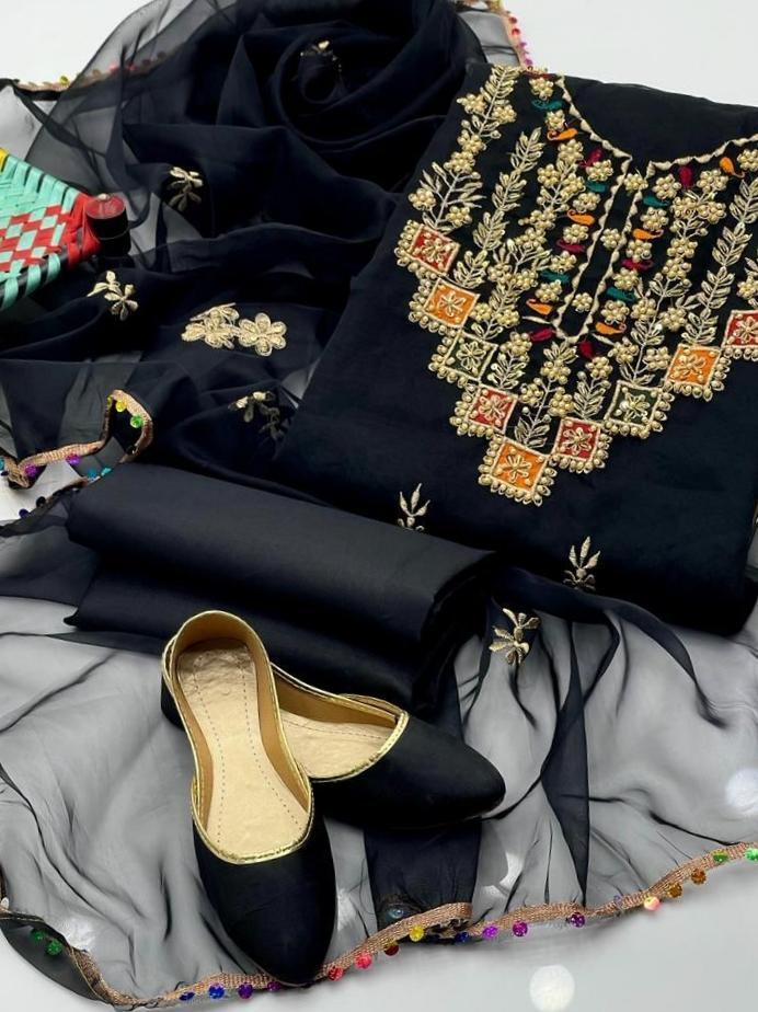 3 Pcs Women's Unstitched Fancy Organza Embroidered Suit