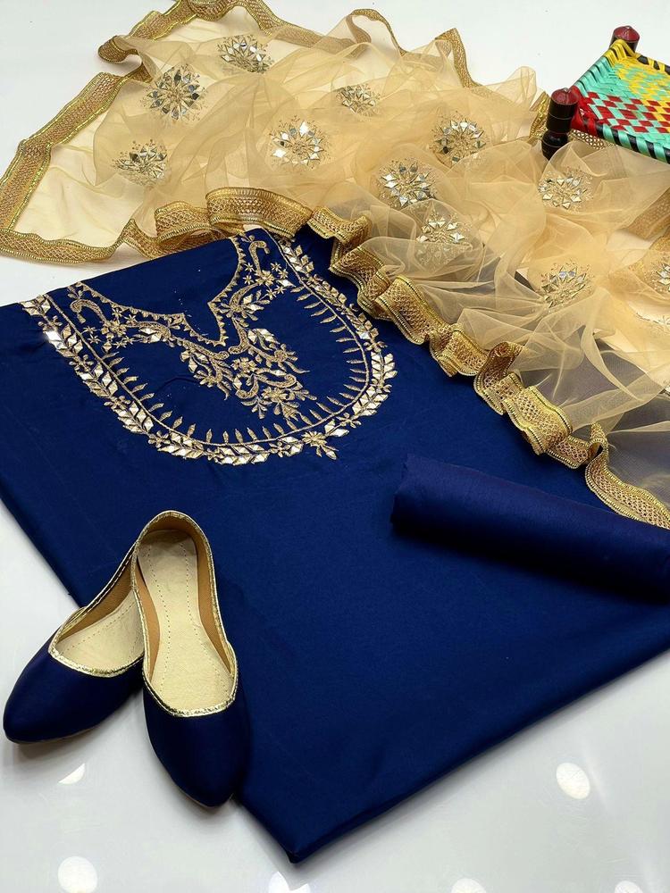 3 Pcs Women's Unstitched Fancy Katan Silk Embroidered Suit