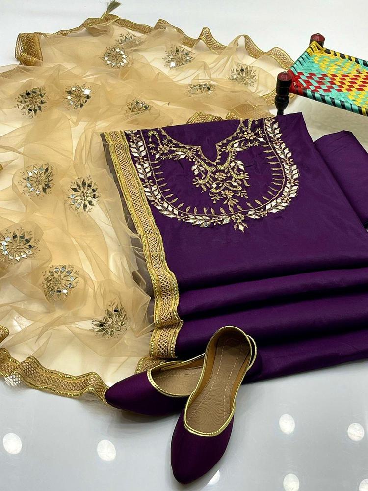 3 Pcs Women's Unstitched Fancy Katan Silk Embroidered Suit