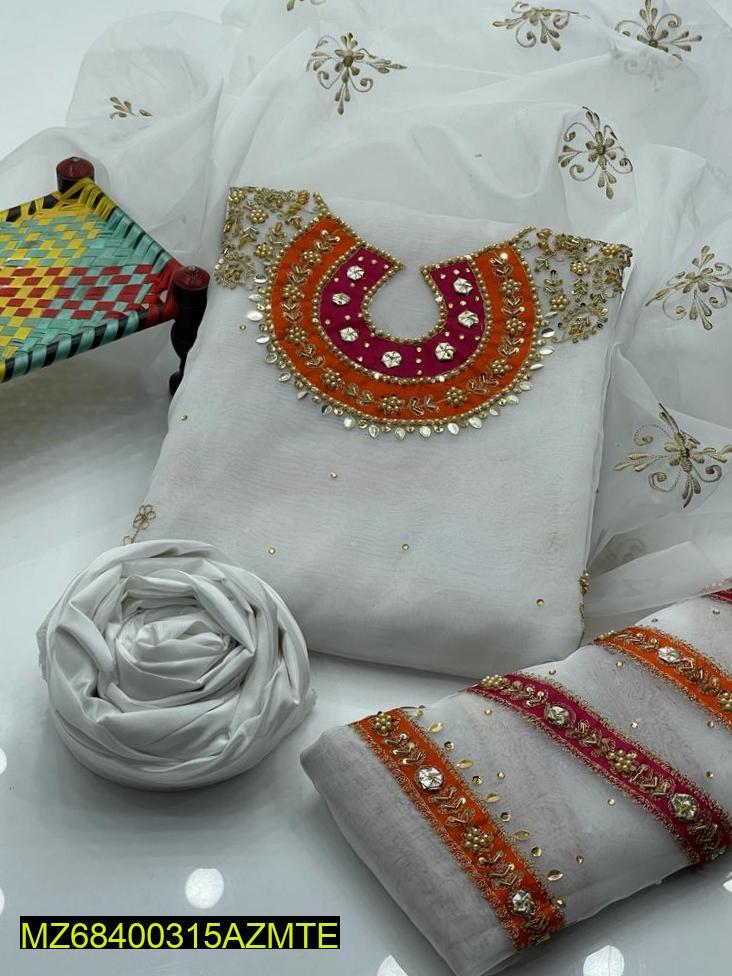 3 Pcs Women's Unstitched Organza Embroidered Suit