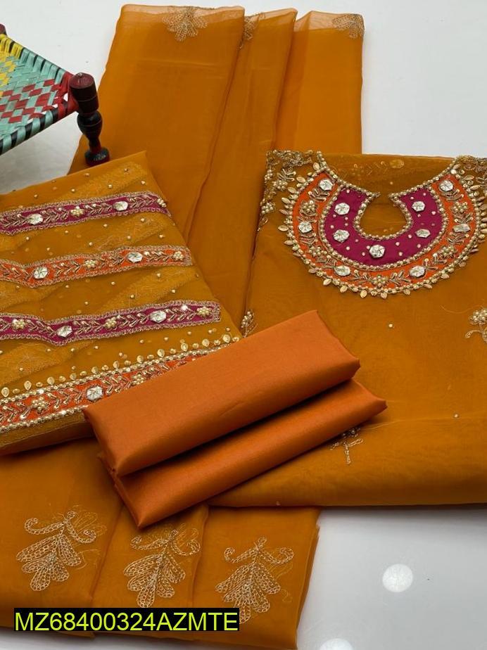 3 Pcs Women's Unstitched Organza Embroidered Suit