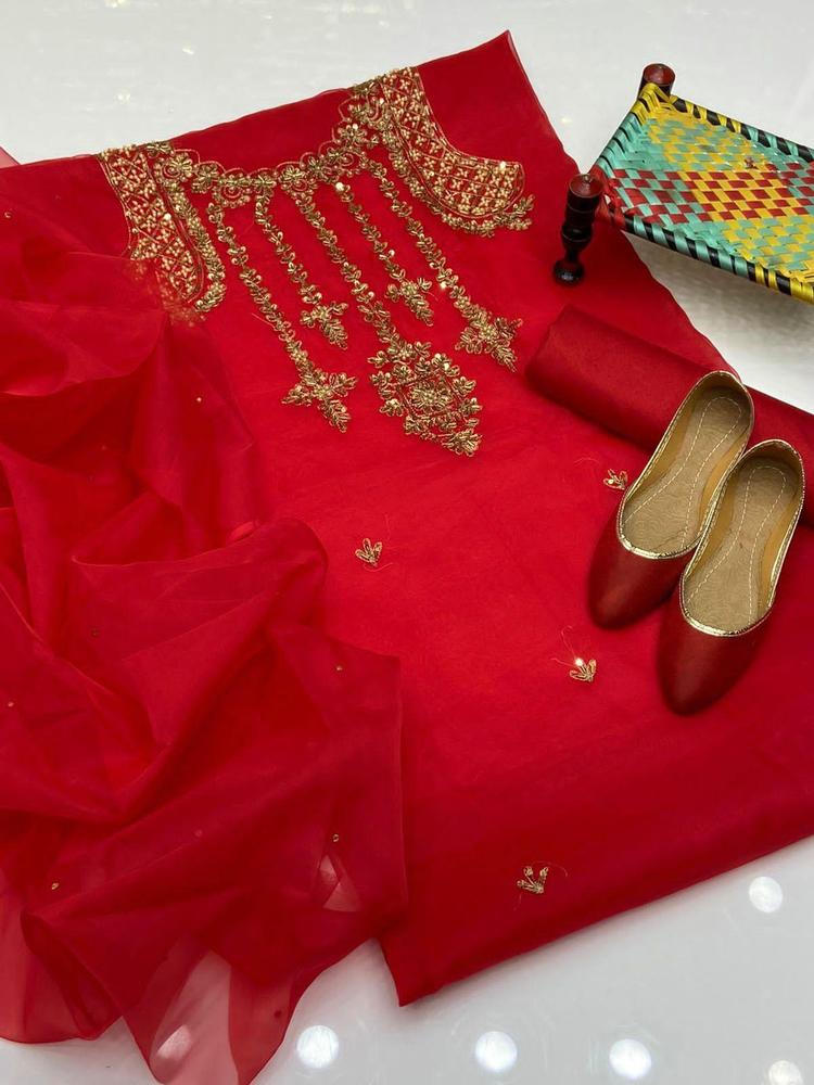 4 Pcs Women's Unstitched Organza Embroidered Suit