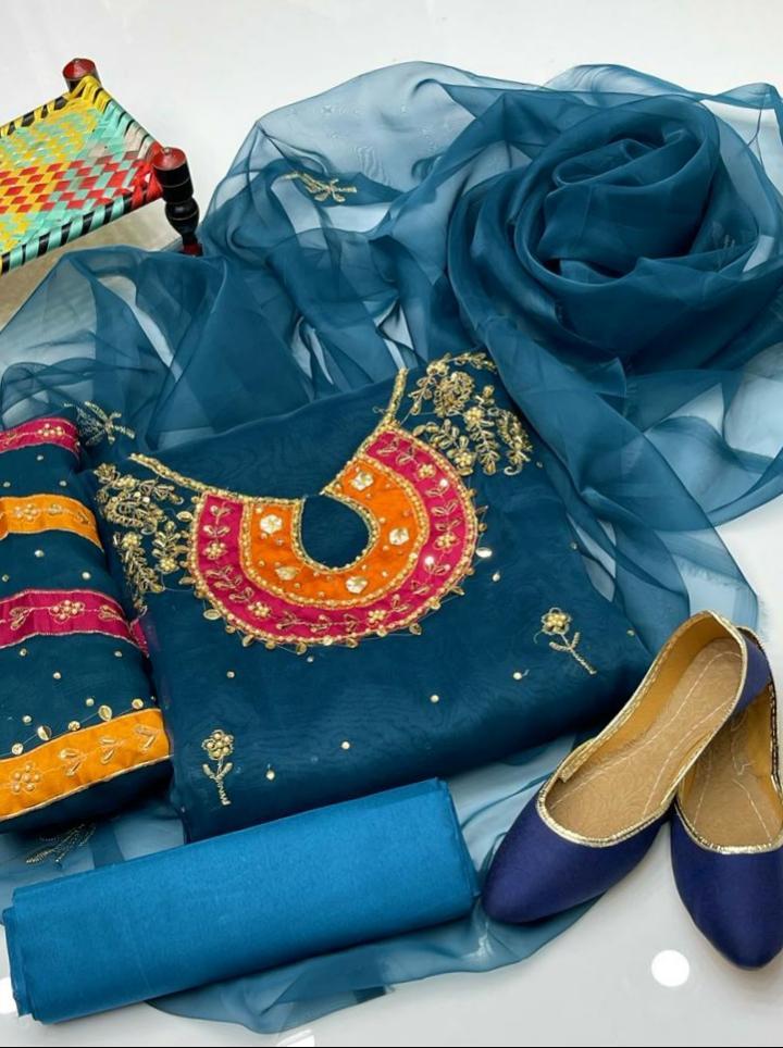 4 Pcs Women's Unstitched Organza Embroidered Suit