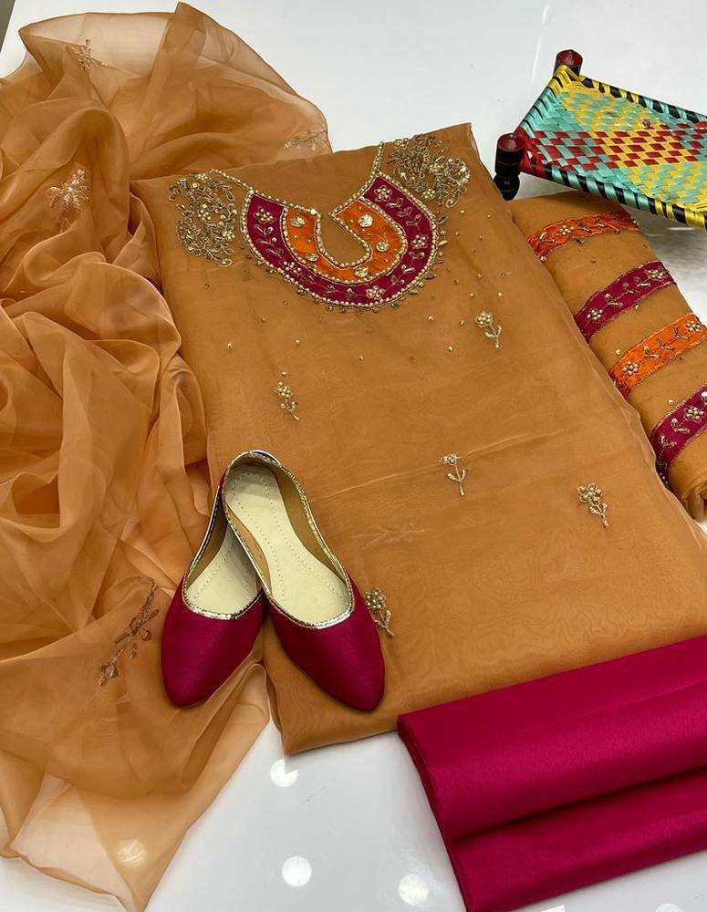 4 Pcs Women's Unstitched Organza Embroidered Suit