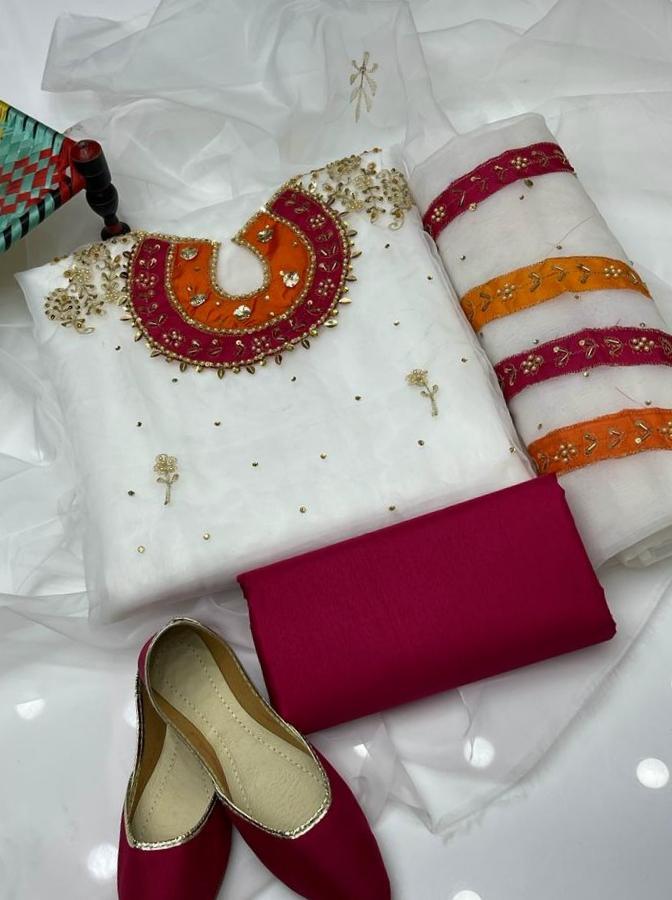 4 Pcs Women's Unstitched Organza Embroidered Suit