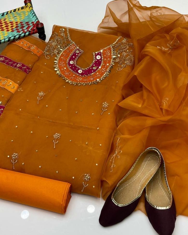 4 Pcs Women's Unstitched Organza Embroidered Suit