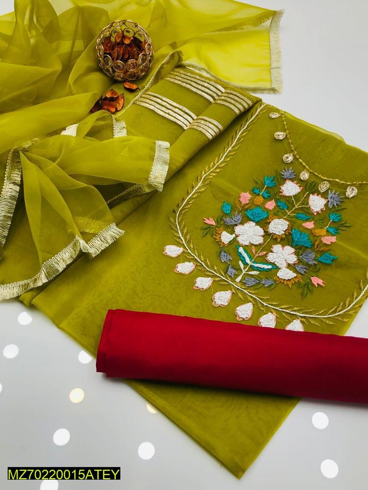 3 Pcs Women's Unstitched Organza Embroidered Suit