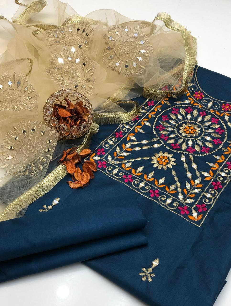 3 Pcs Women's Unstitched Katan Silk Hand Embroidered Suit