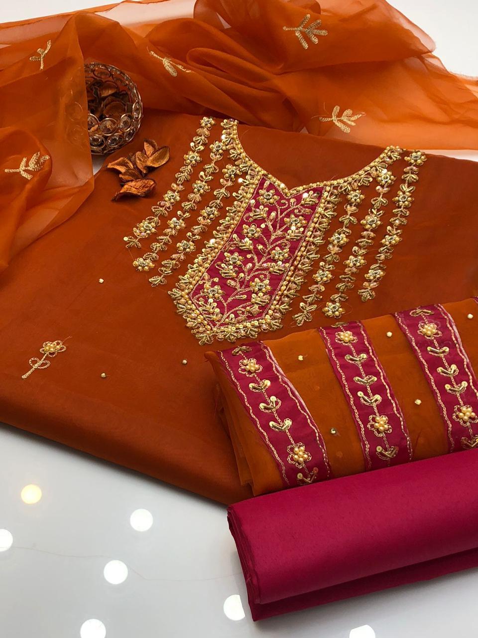 3 Pcs Women's Unstitched Organza Hand Embroidered Suit