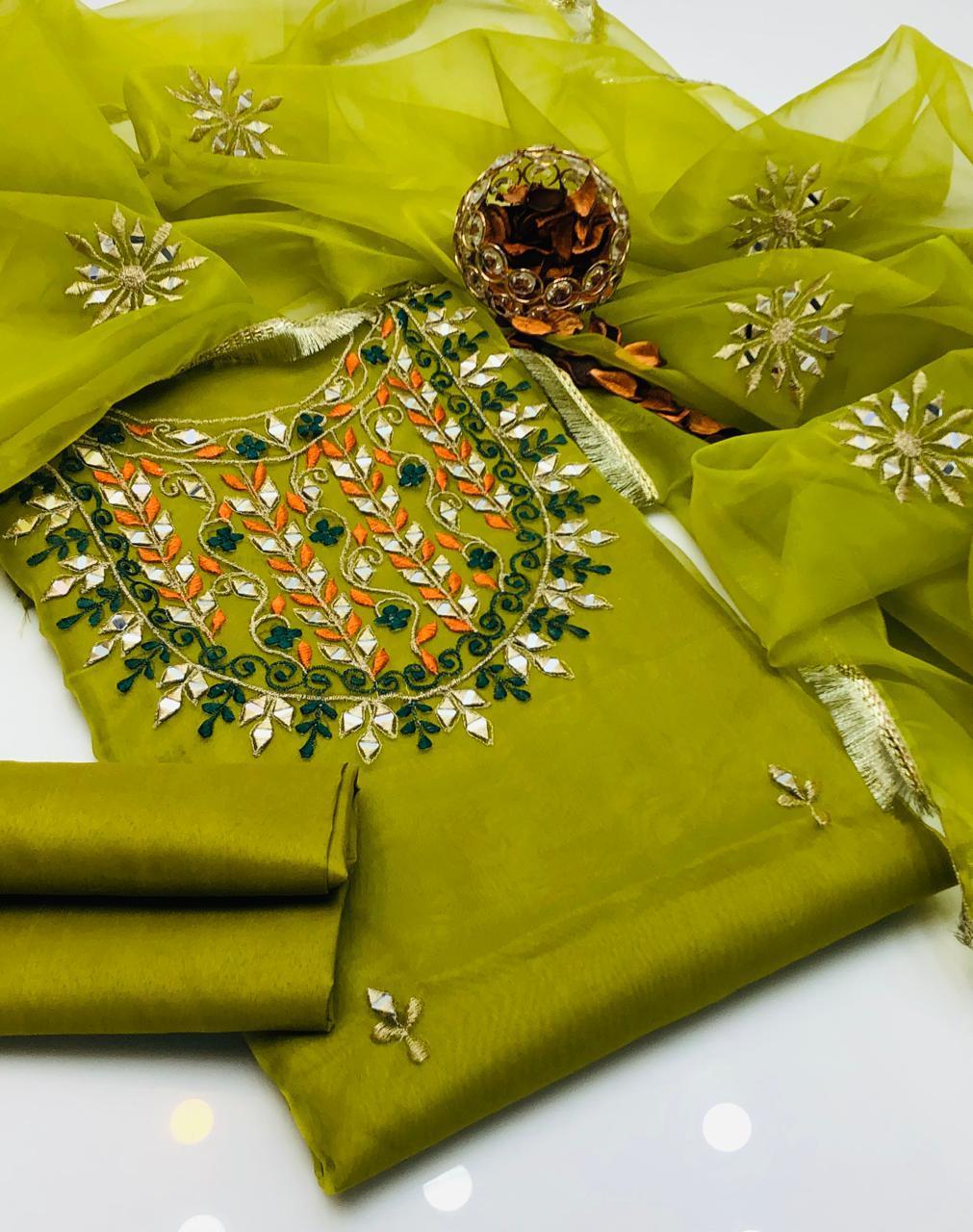 3 Pcs Women's Unstitched Organza Sheesha Work Suit