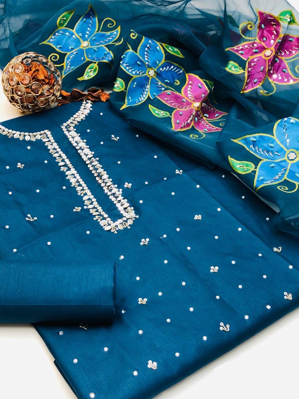 Exquisite 3 Pcs Katan Silk Suit Set with Hand Embroidered Details in Blue
