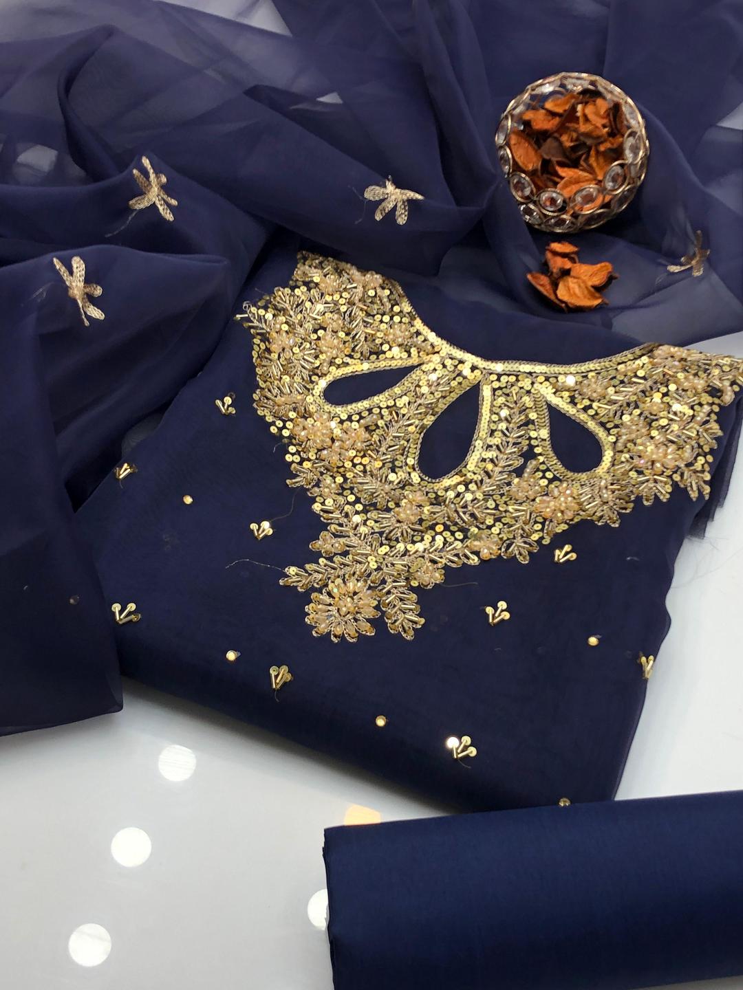 3 Pcs Women's Unstitched Hand Embroidered Suit