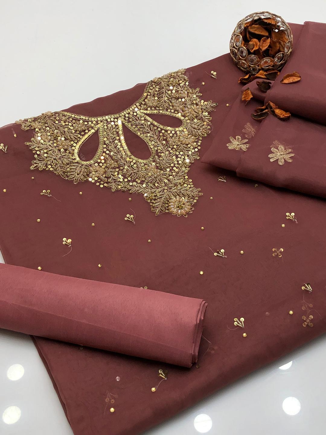 3 Pcs Women's Unstitched Hand Embroidered Suit