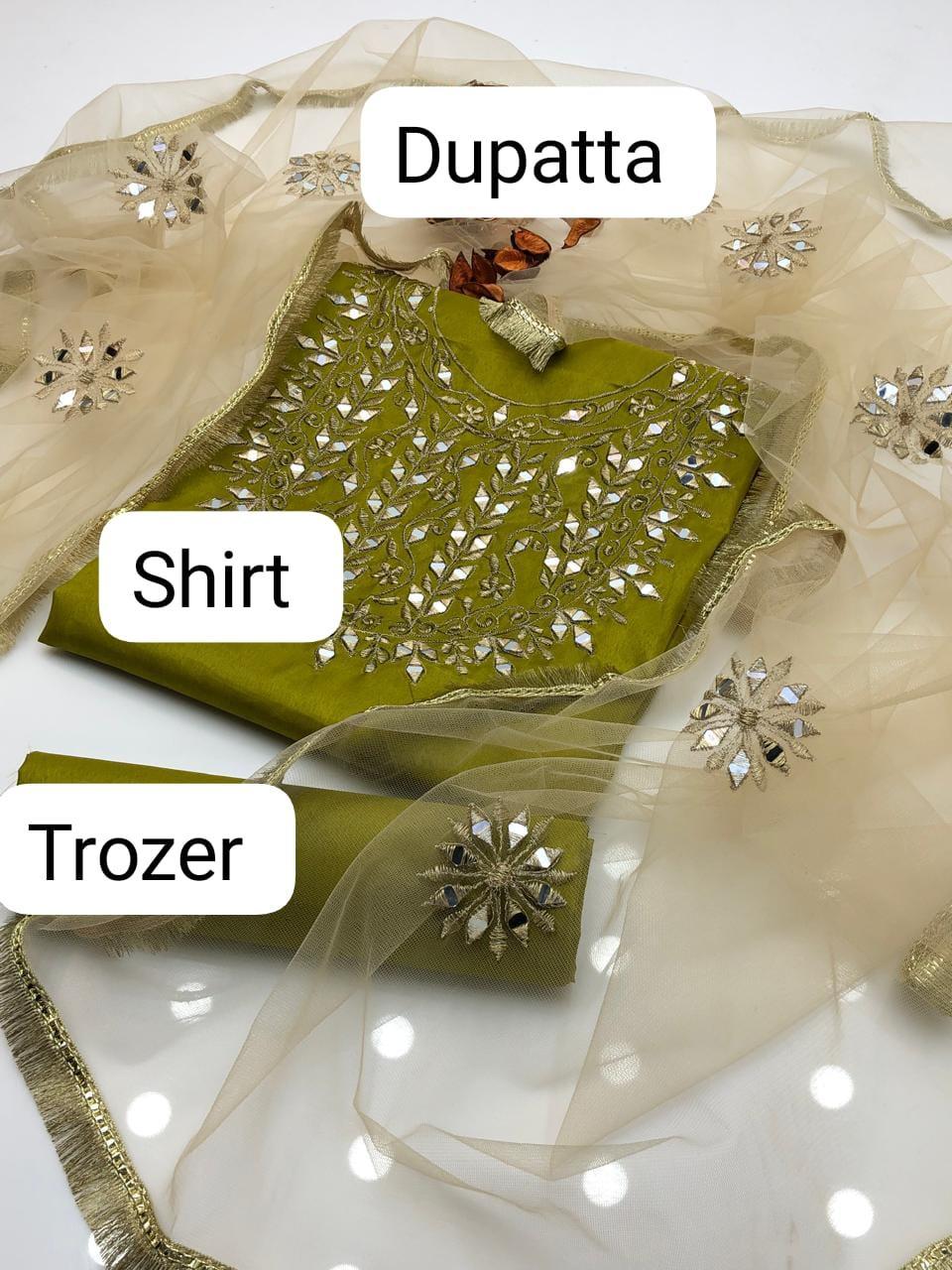 3 Pcs Women's Unstitched Mirror Work Suit