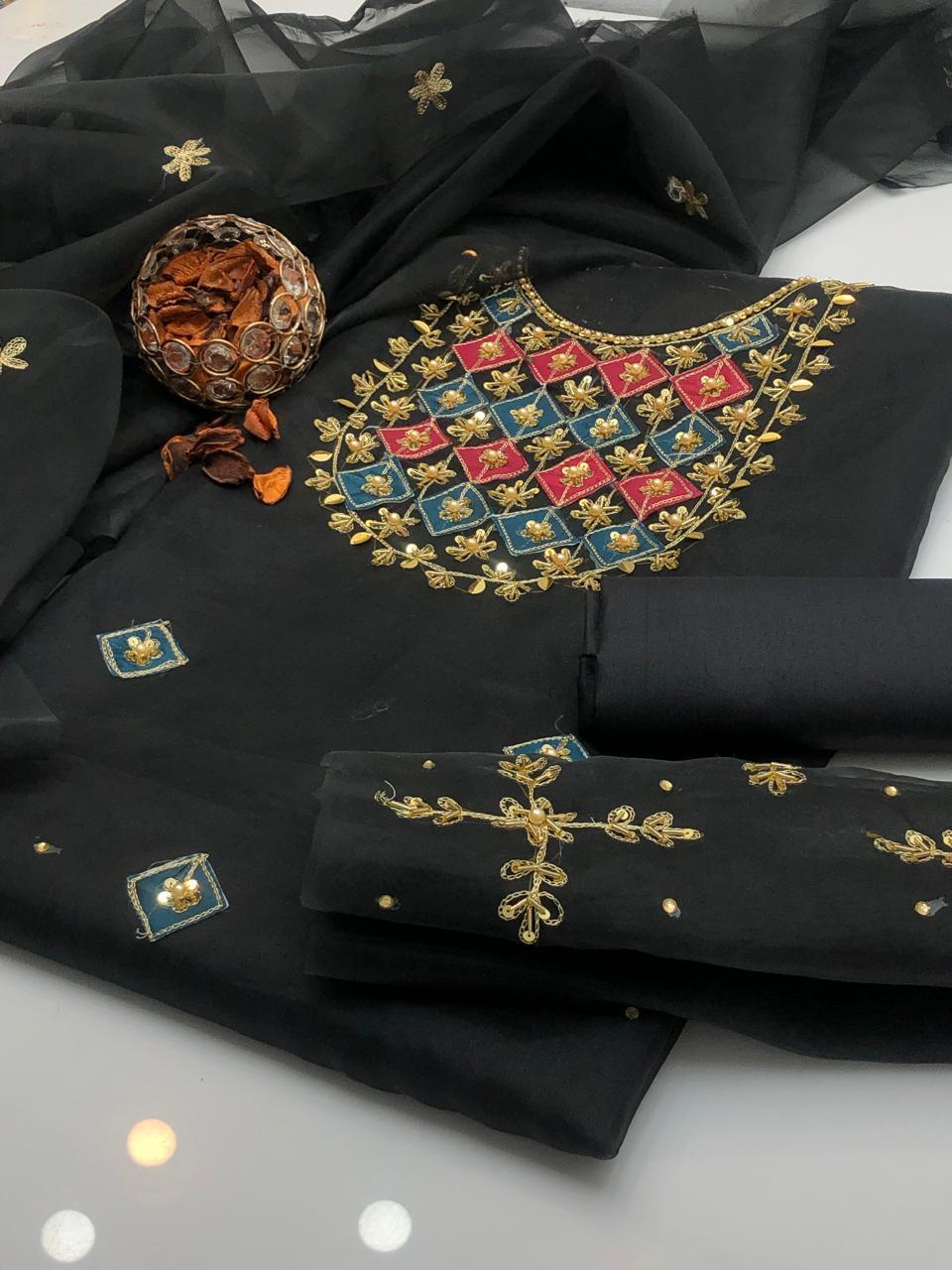 3 Pcs Women's Unstitched Hand Embroidered Suit