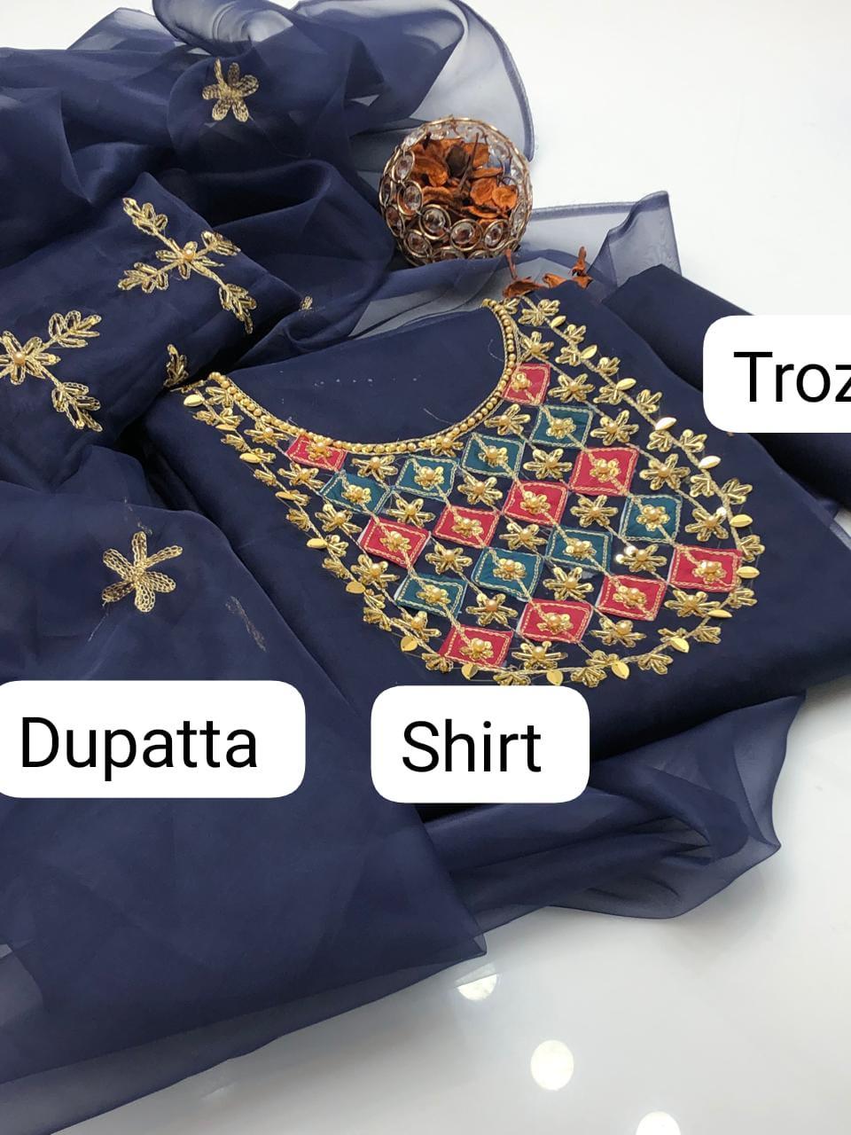 3 Pcs Women's Unstitched Hand Embroidered Suit