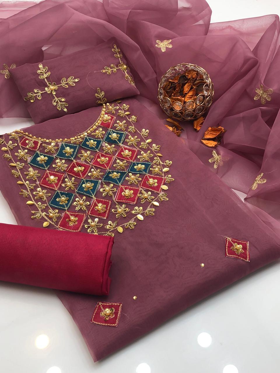 3 Pcs Women's Unstitched Hand Embroidered Suit