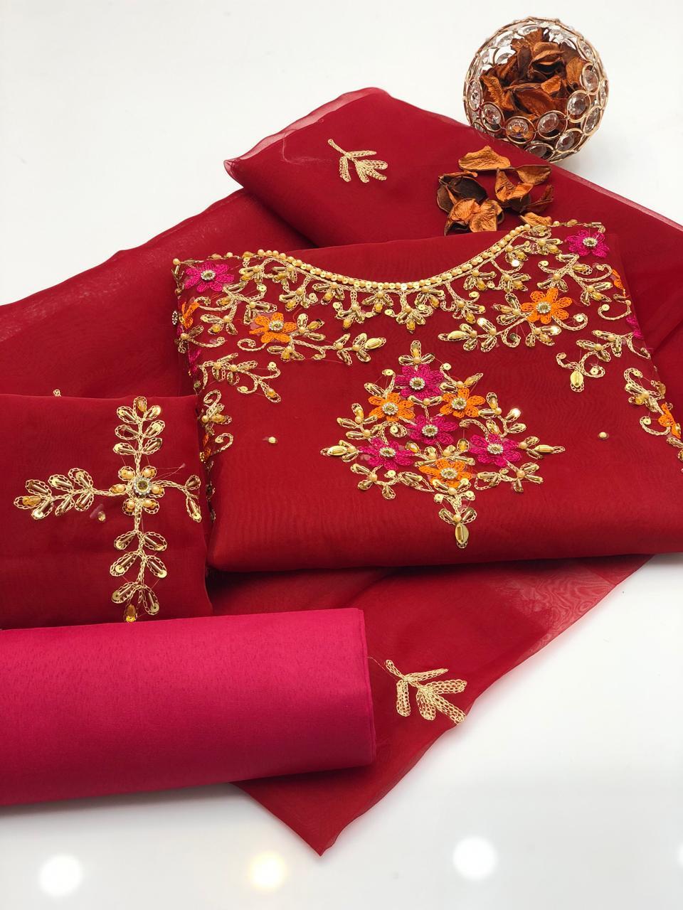3 Pcs Women's Unstitched Hand Embroidered Suit
