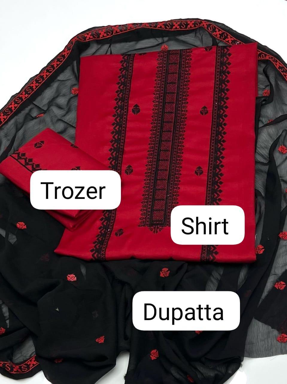 3 Pcs Women's Unstitched Embroidered Suit