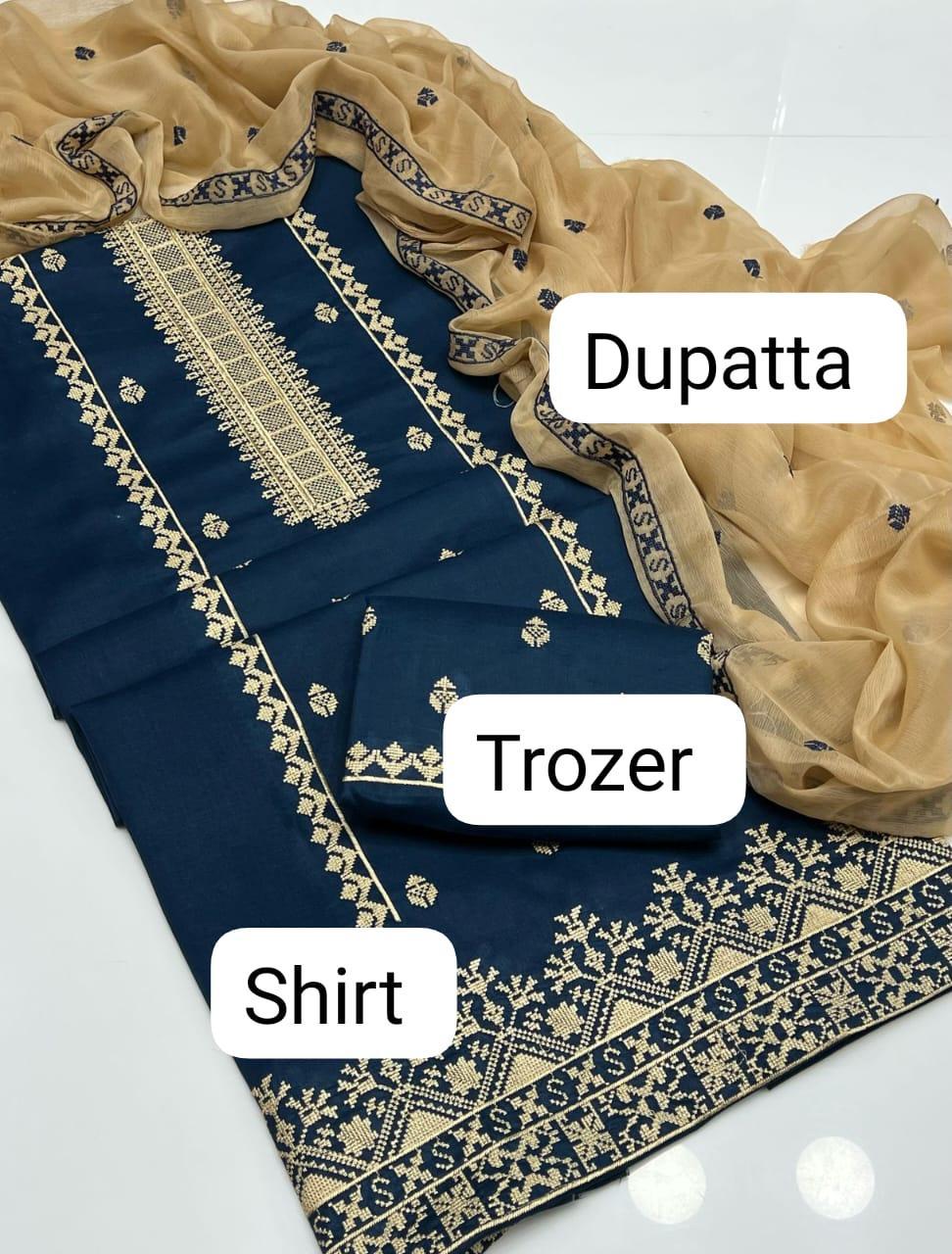 3 Pcs Women's Unstitched Embroidered Suit