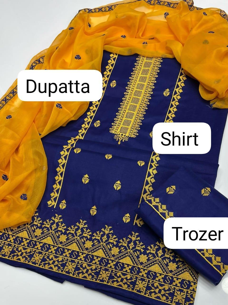 3 Pcs Women's Unstitched Embroidered Suit