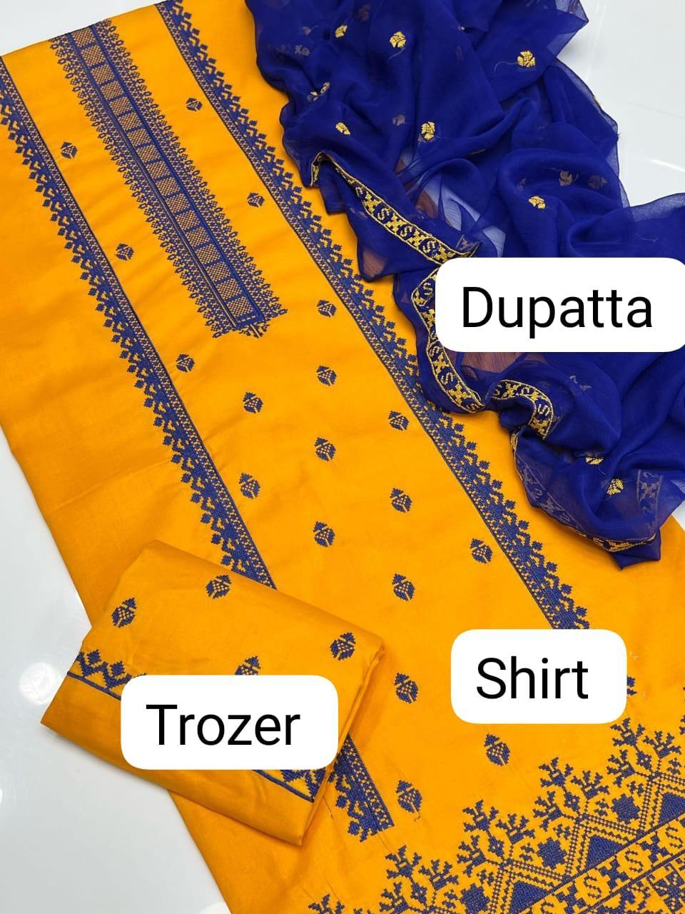 3 Pcs Women's Unstitched Embroidered Suit