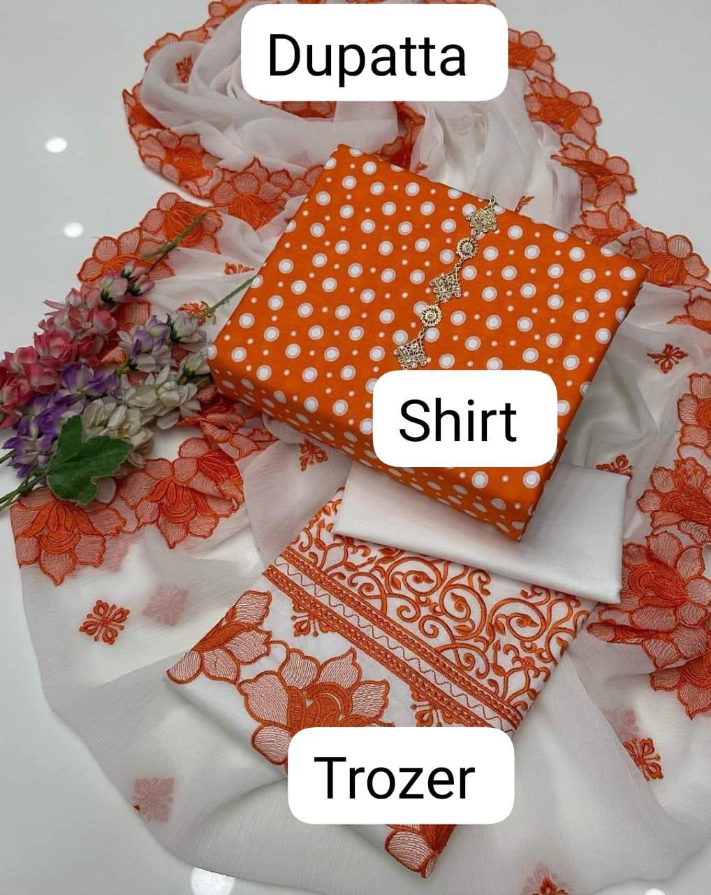 3 Pcs Women's Unstitched Printed Embroidered Suit