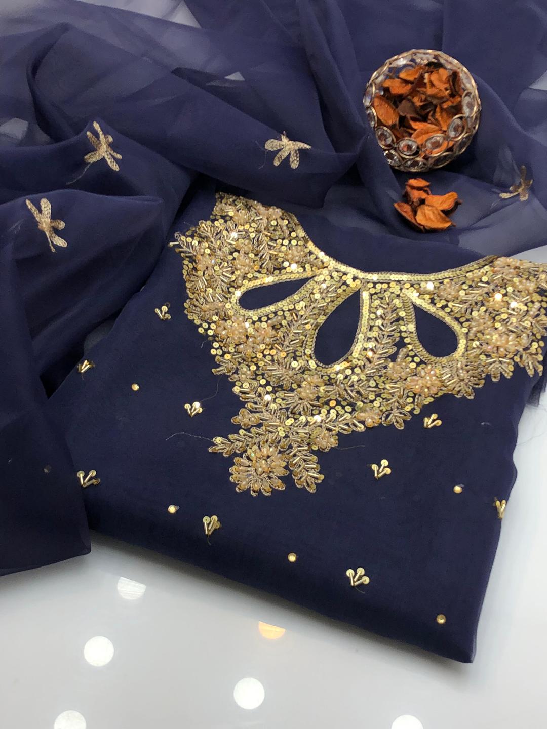 2 Pcs Women's Unstitched Hand Embroidered Suit