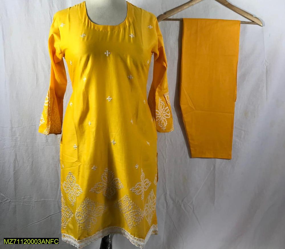 2 Pcs Women's Stitched Lawn Plain Shirt And Trouser