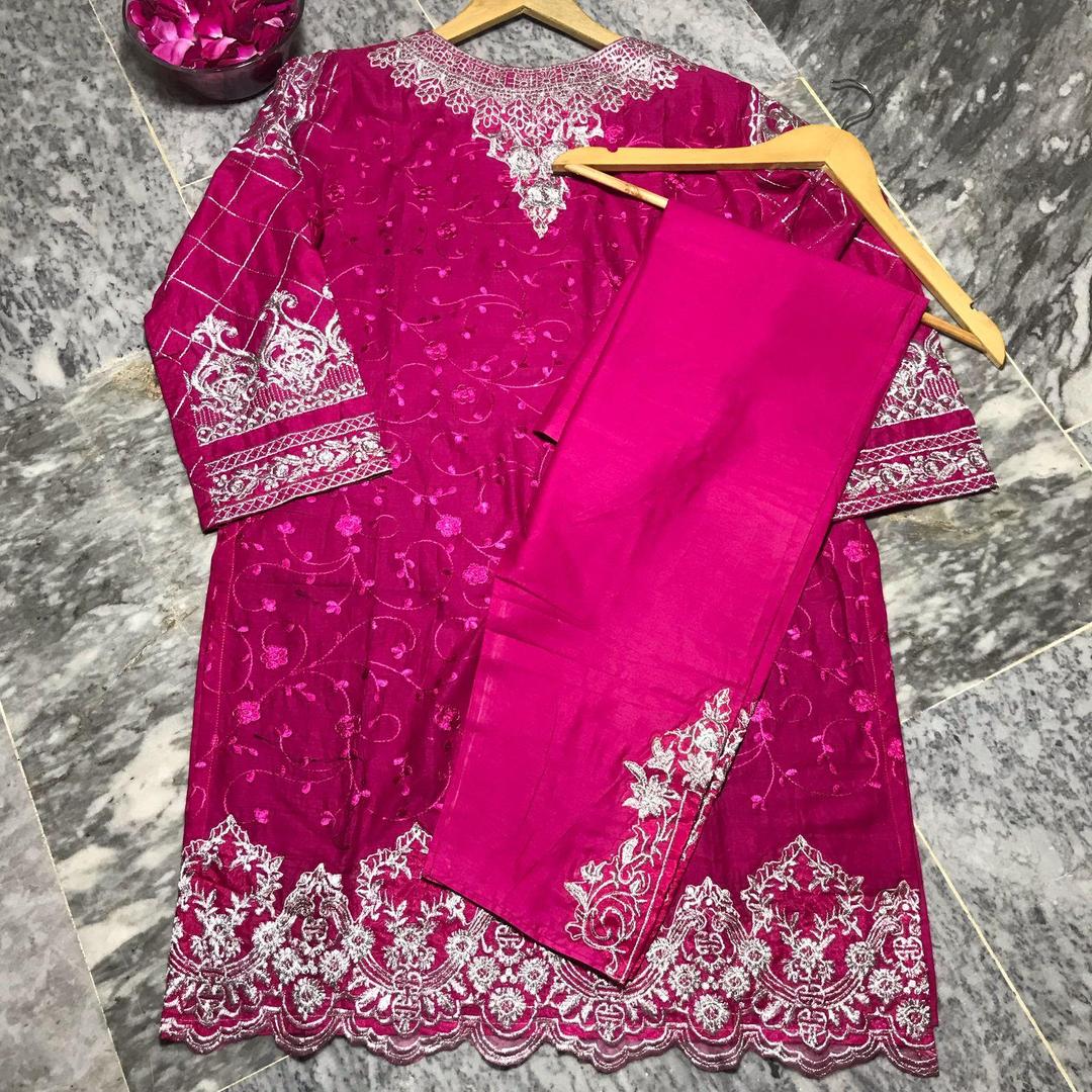 2 Pcs Women's Stitched Embroidered Shirt And Trouser