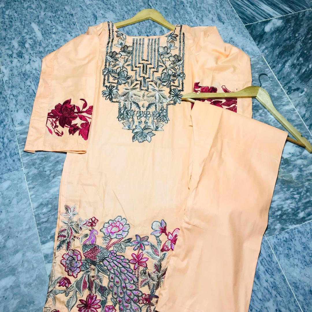 2 Pcs Women's Stitched Embroidered Shirt And Trouser