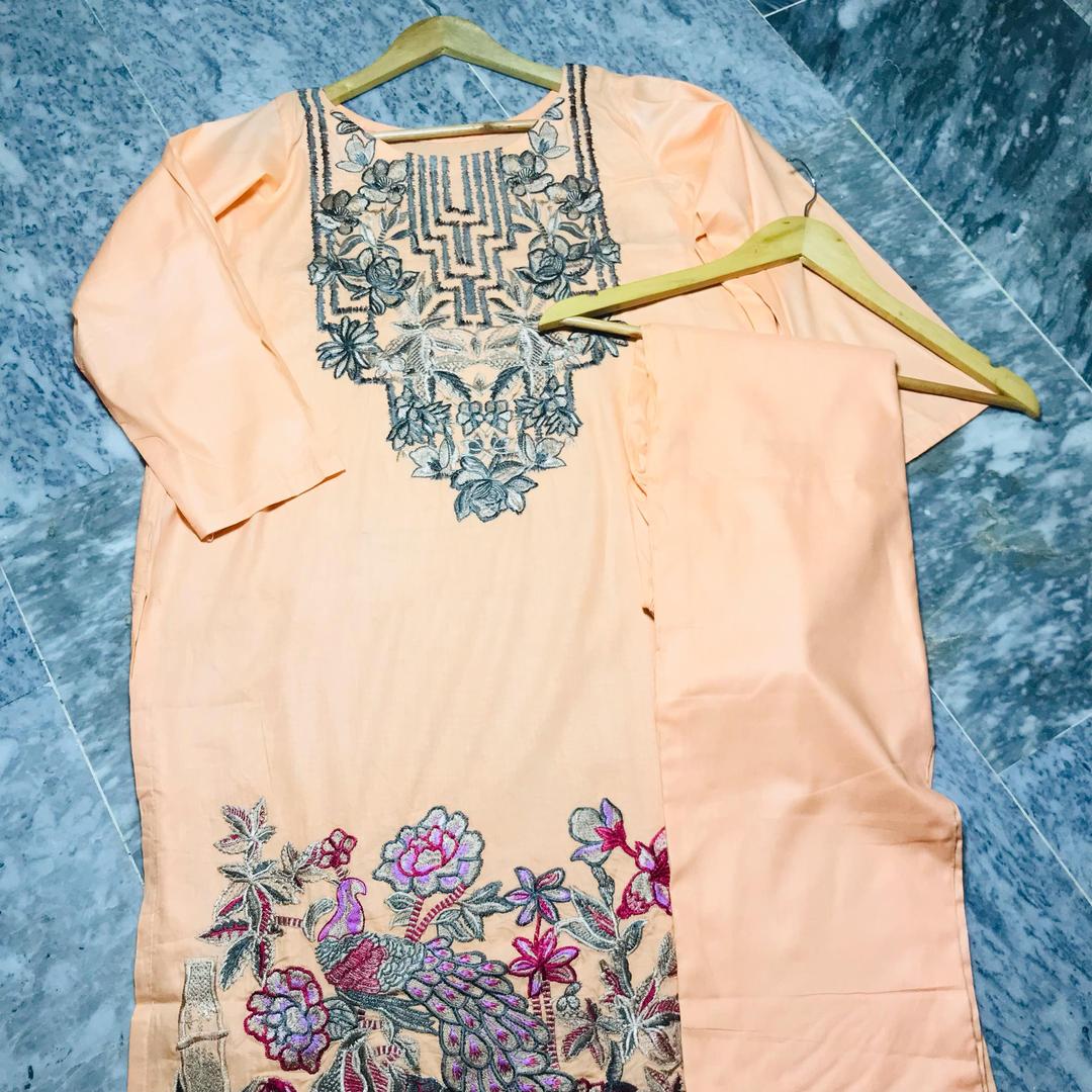 2 Pcs Women's Stitched Embroidered Shirt And Trouser