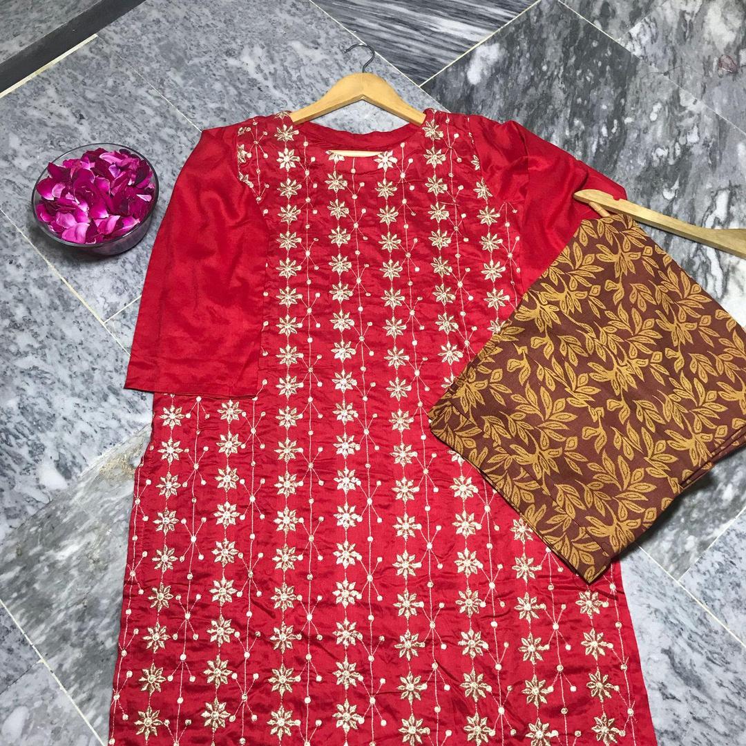 2 Pcs Women's Stitched Embroidered Shirt And Trouser