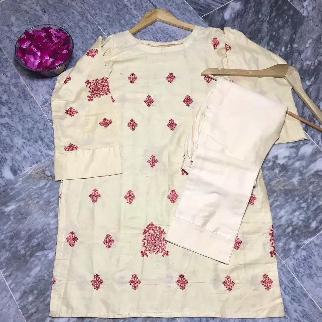 2 Pcs Women's Stitched Lawn Embroidered Shirt And Trouser