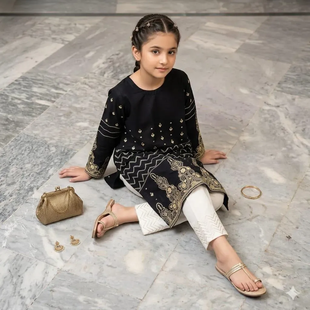 2 Pcs Girl's Arabic Lawn Embroidered Kurta And Pajama