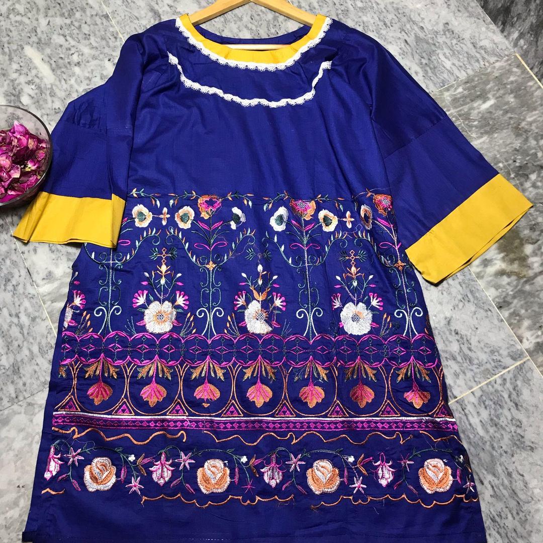 Stylish U-Neck Embroidered Lawn Shirt - 1 Pc in Blue